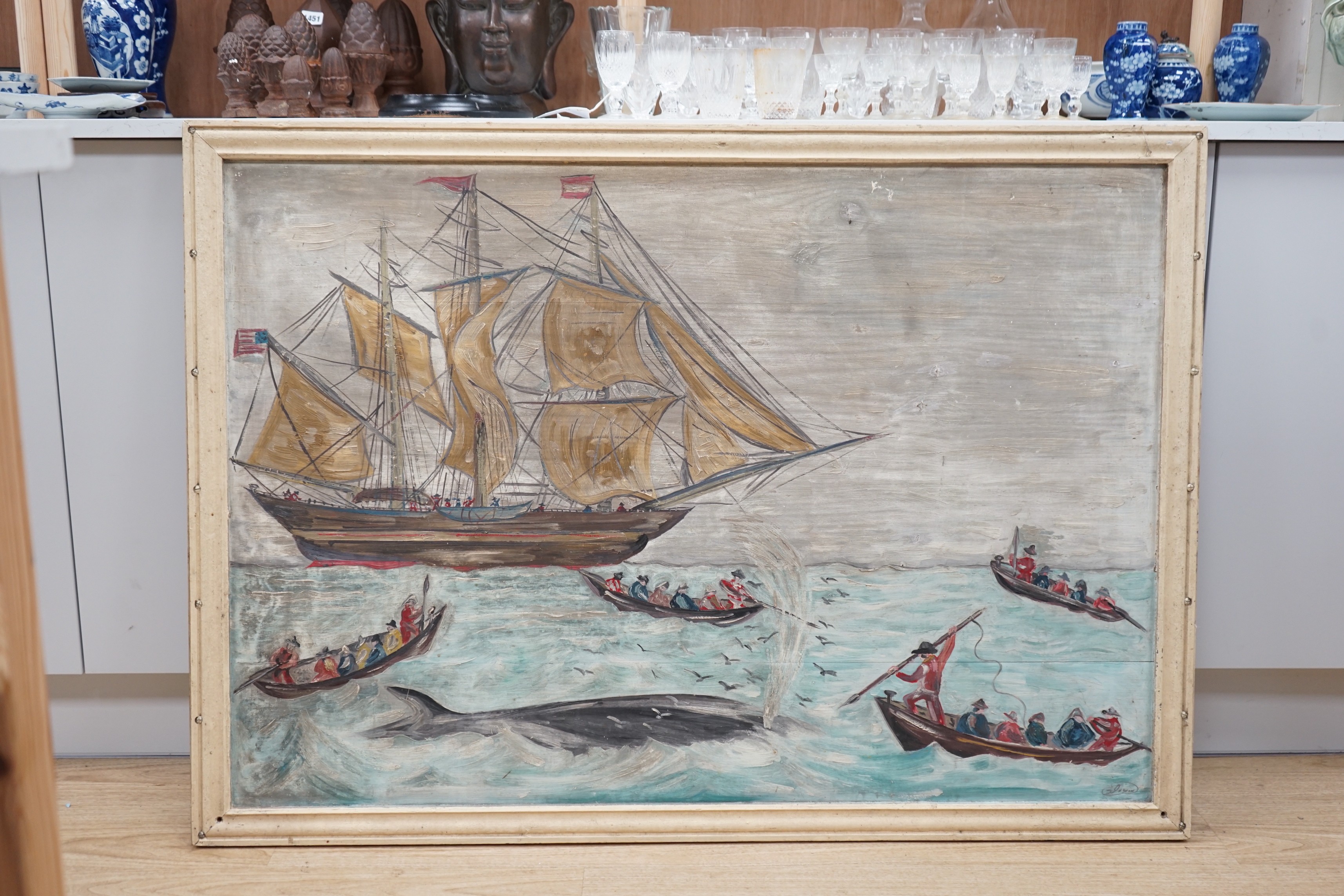English School, oil on board, Primitive study of an American whaling scene, indistinctly signed, 80 x 116cm